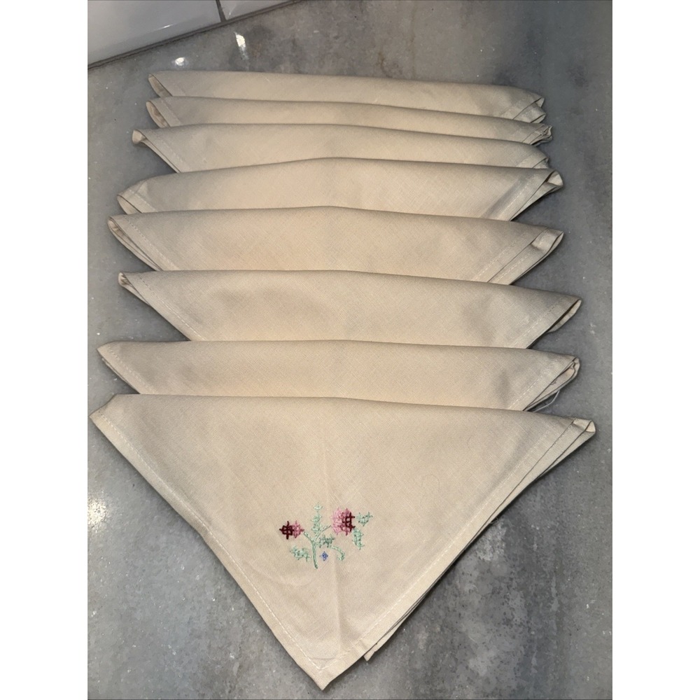 Set‎ Of 8vintage Embroidered Napkins Cream Color Never Used Pink Flowers